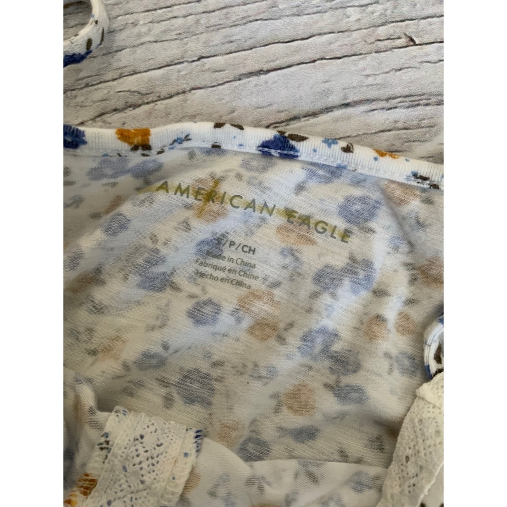 American Eagle Floral Babydoll Camisole Top Lace Trim Blue Yellow White Small - Picture 2 of 2